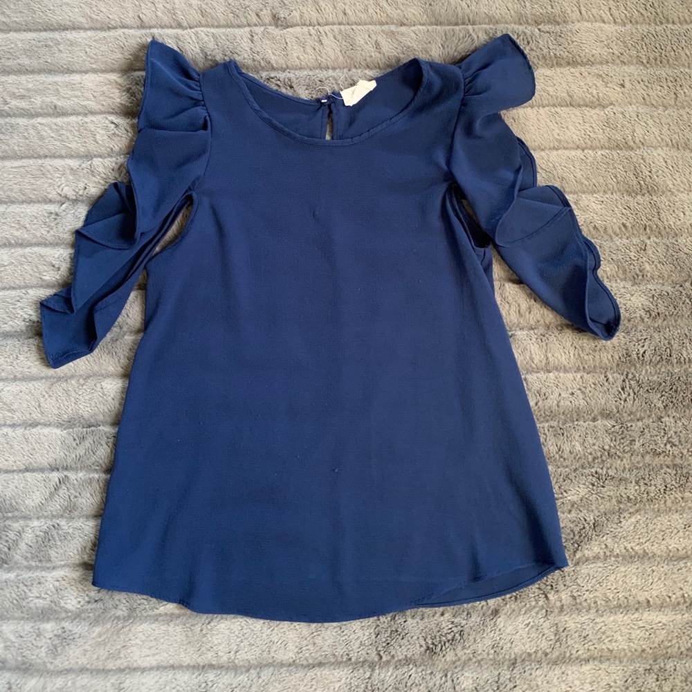 Sienna Sky Navy Cold Shoulder Flutter Blouse